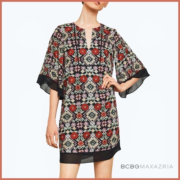 BCBGMaxAzria Embroidered Burgundy Red Black Floral Kimono Dress - Picture 1 of 13